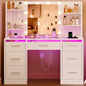 Makeup Vanity Desk with Mirror and Lights, White Vanity with Glass Top, 3 Colors LED Lights & Power Outlet, Vanity with RGB Drawers, Adjustable Lighted Dressing Table for Women & Girls Bedroom