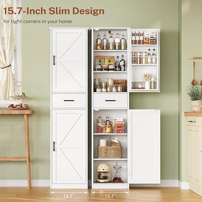 TEENFON Tall Storage Cabinet with 3 Door Shelves & 1 Drawer, Narrow Kitchen Pantry Cabinet for Living Room, Bathroom, Entryway, White