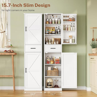 TEENFON Tall Storage Cabinet with 3 Door Shelves & 1 Drawer, Narrow Kitchen Pantry Cabinet for Living Room, Bathroom, Entryway, White