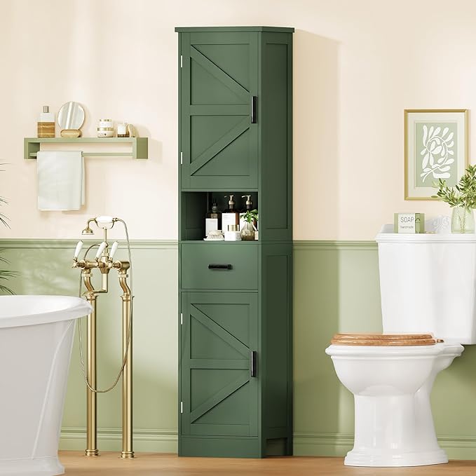 TEENFON 67" H Tall Bathroom Storage Cabinet with 2 Barn Doors and 1 Drawer, Narrow Bathroom Cabinet, Narrow Storage Unit, Adjustable Shelves, Floor Cabinets for Living Room, Kitchen, Forest Green