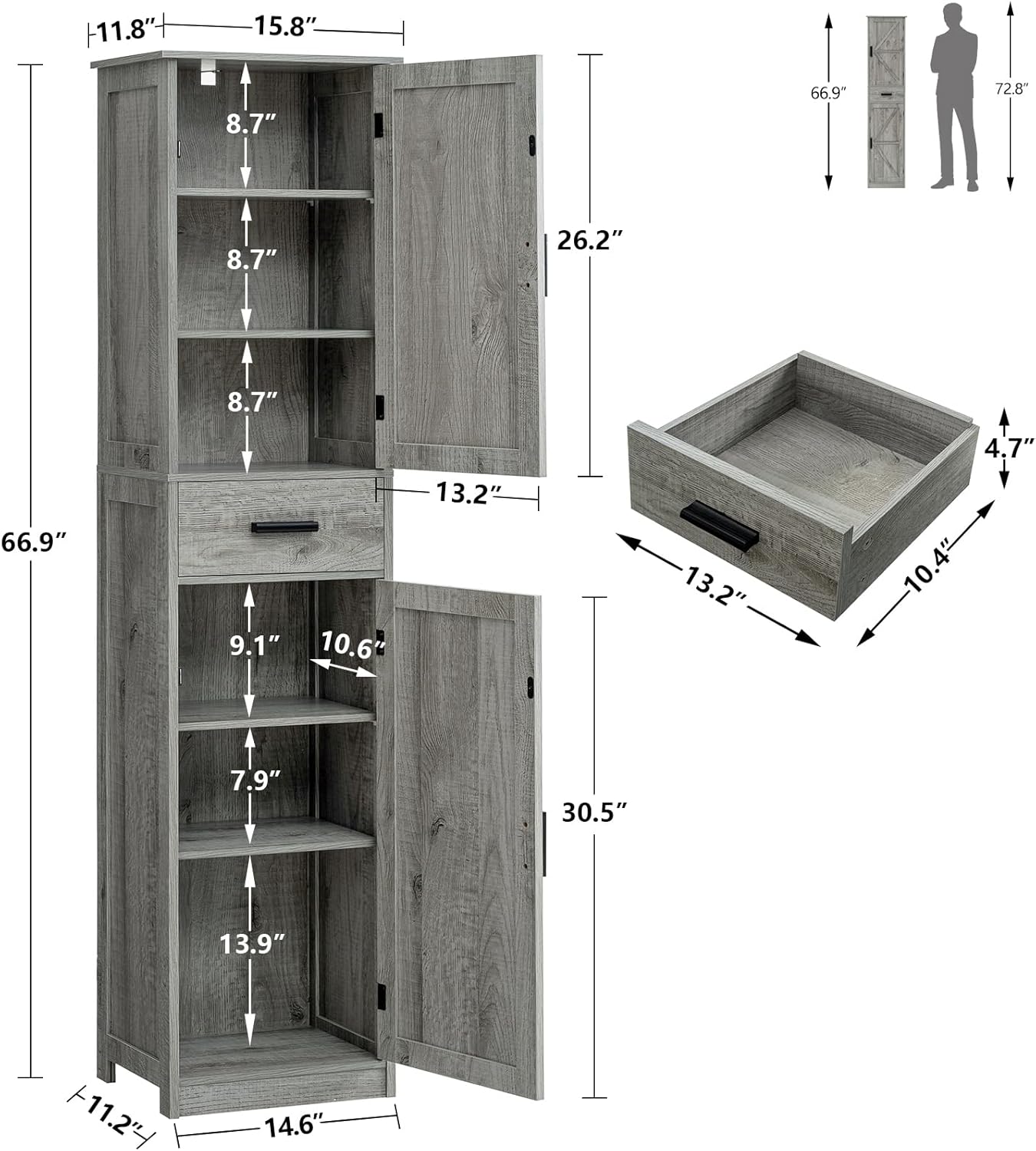 TEENFON Tall Bathroom Cabinet, Storage Cabinet with 6 Shelves & Drawer, Bathroom Storage Cabinet with Adjustable Shelves, Tall Cabinet for Living Room, Home Office, Grey