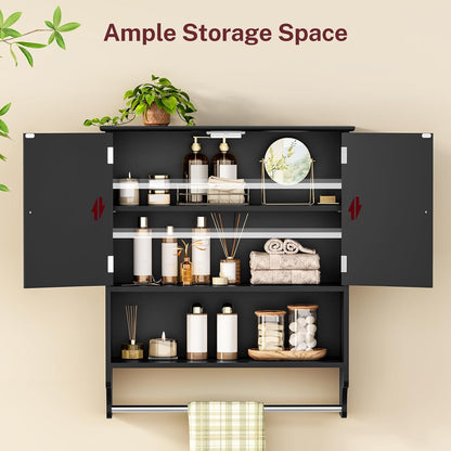 TEENFON Bathroom Wall Cabinet with Adjustable Shelf & Doors, Over The Toilet Storage Cabinet, Medicine Cabinet for Bathroom, Laundry Room, Kitchen, Black