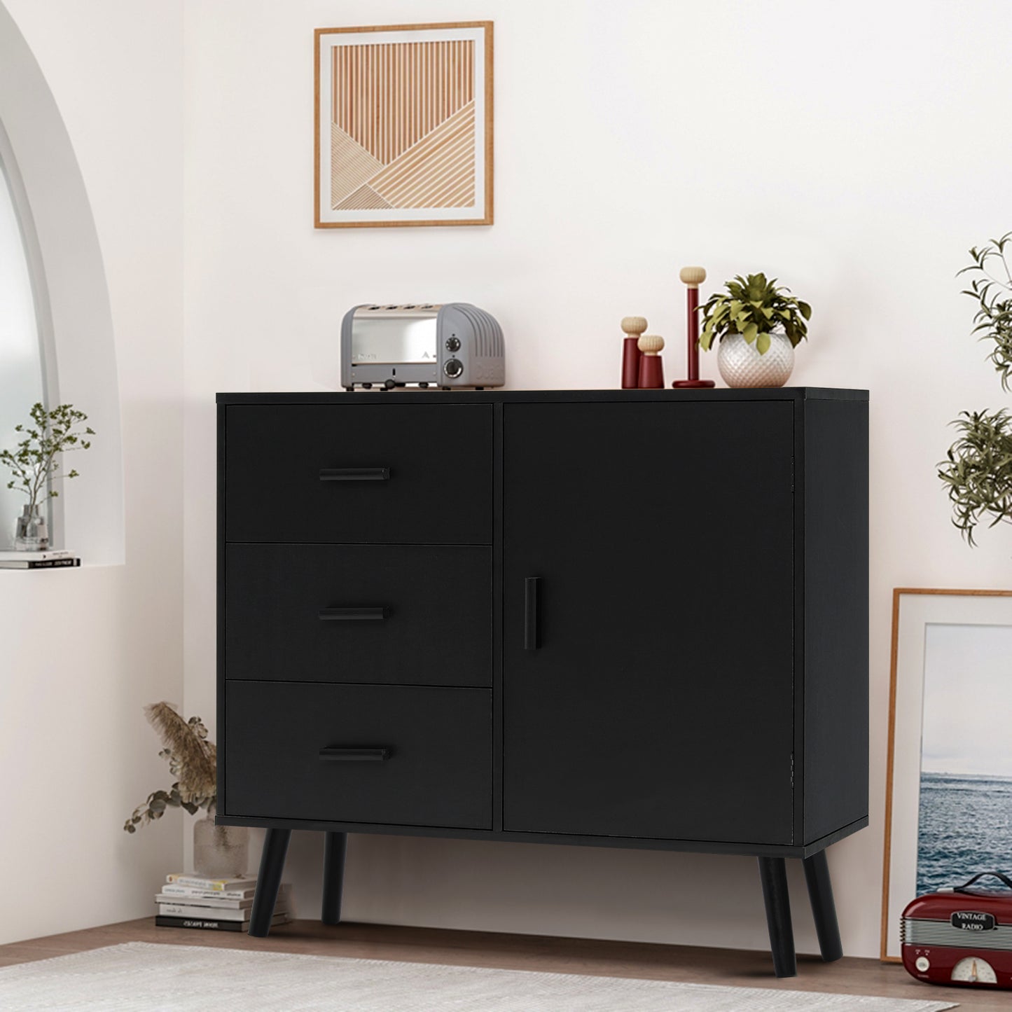 TEENFON Black Storage Cabinet with 3 Drawers & Adjustable Shelf, Sideboard Buffet Cabinet, Entryway Cabinets, for Living Room, Dining Room, Black
