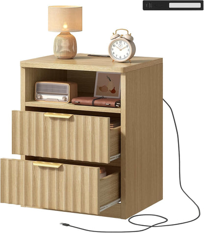 TEENFON Fluted Night Stand, Nighstand with Charging Station and LED Light, Modern Bed Side Table for Small Space, Storage Drawer and Open Shelf, for Bedroom, Natural