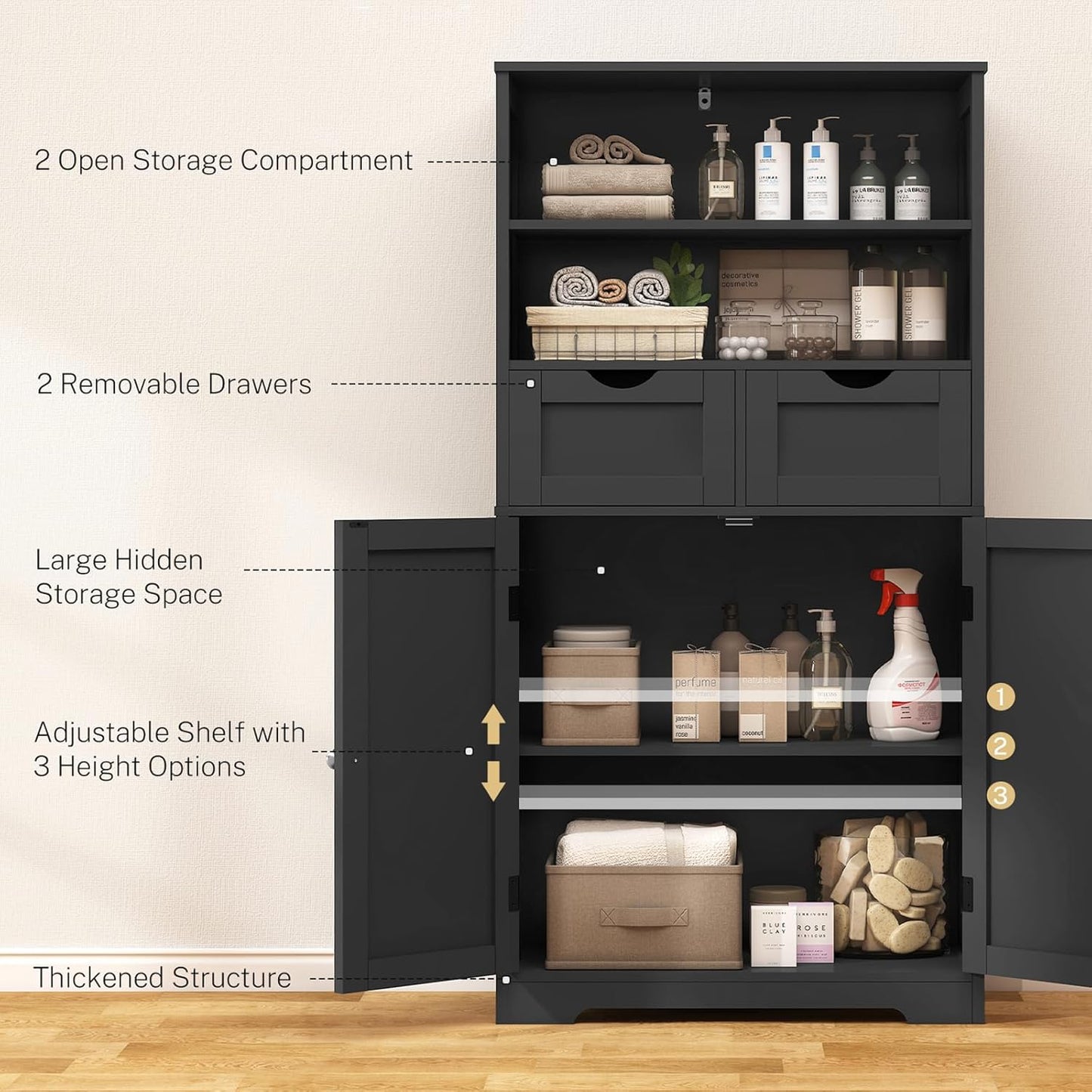 TEENFON Tall Storage Cabinet, Black Storage Cabinet with 2 Drawers & Adjustable Shelves, Bathroom Cabinet for Living Room, Dining Room, Entryway, Black