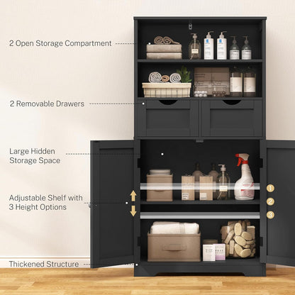 TEENFON Tall Storage Cabinet, Black Storage Cabinet with 2 Drawers & Adjustable Shelves, Bathroom Cabinet for Living Room, Dining Room, Entryway, Black
