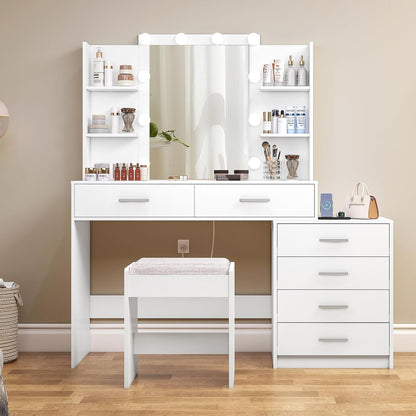 Vanity Desk with Mirror & Lights, Makeup Vanity with 6 Drawers, 6 Open Shelves and Power Outlet, 48” Storage Makeup Vanity Desk with Stool Bench for Women, Girls, Bedroom, White