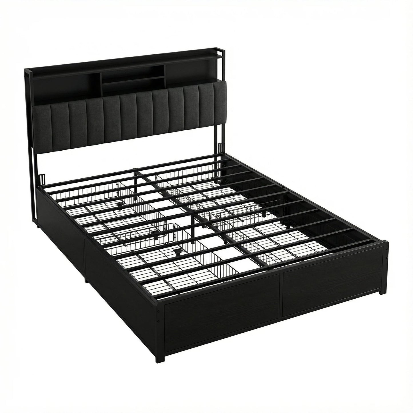 Modern Upholstered Bed Frame with Charging Station (Type-C/USB) & App /Remote Control LED Lights, Sturdy Metal Slat Foundation, Noise Free, Black(CJX001) (Queen (U.S. Standard))