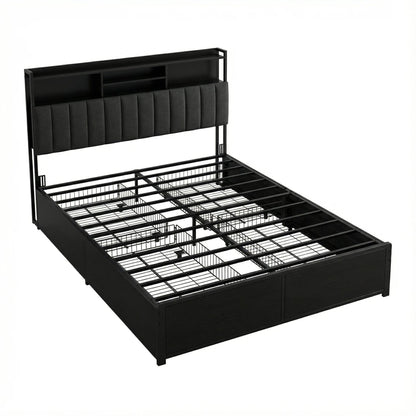 Modern Upholstered Bed Frame with Charging Station (Type-C/USB) & App /Remote Control LED Lights, Sturdy Metal Slat Foundation, Noise Free, Black(CJX001) (Queen (U.S. Standard))