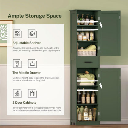 TEENFON Tall Bathroom Cabinet, Storage Cabinet with 6 Shelves & Drawer, Bathroom Storage Cabinet with Adjustable Shelves, Tall Cabinet for Living Room, Home Office, Forset Green