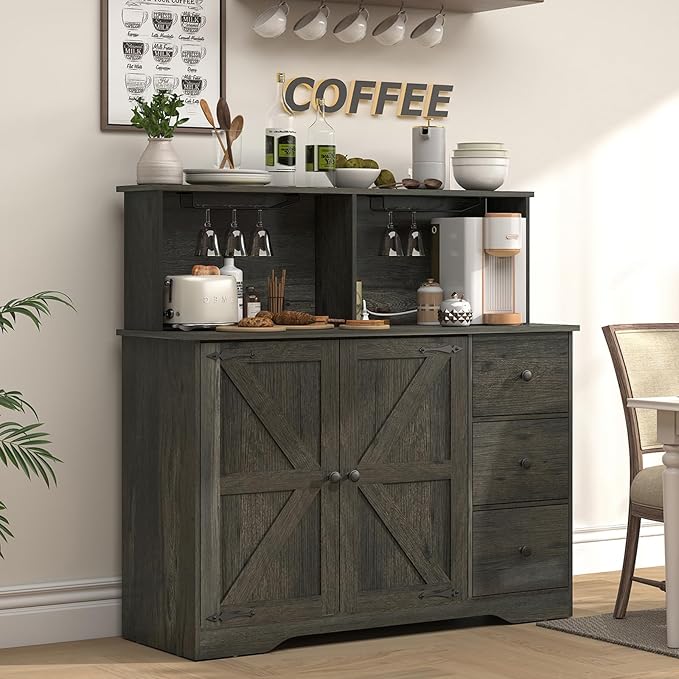 TEENFON Farmhouse Wine Bar Cabinet with Power Outlet, Kitchen Sideboard Buffet Cabinet with Wine & Glass Rack, Coffee Bar Cabinet with 3 Drawers & Adjustable Shelves, Home Liquor Cabinet, Dark Oak