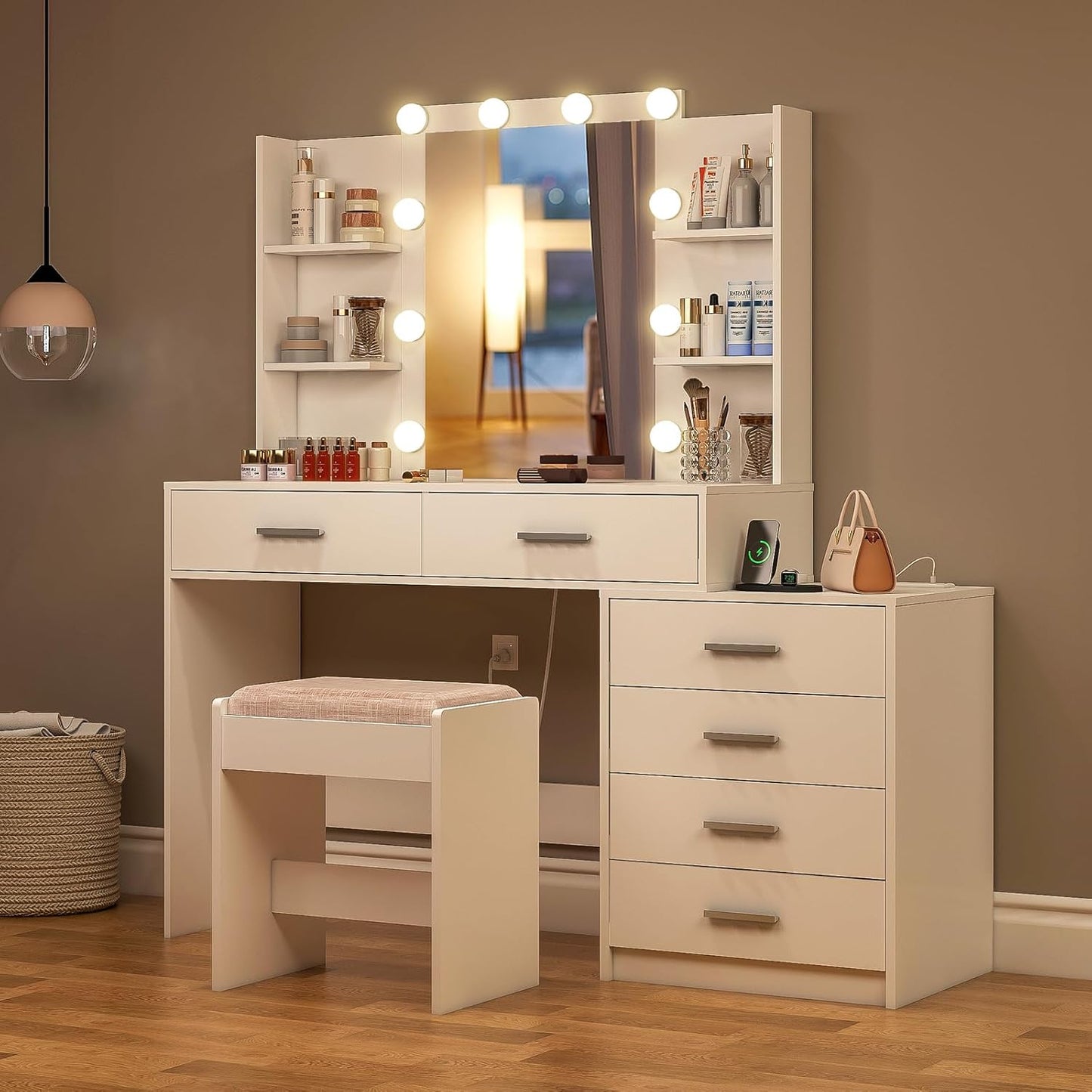 Vanity Desk with Mirror & Lights, Makeup Vanity with 6 Drawers, 6 Open Shelves and Power Outlet, 48” Storage Makeup Vanity Desk with Stool Bench for Women, Girls, Bedroom, White