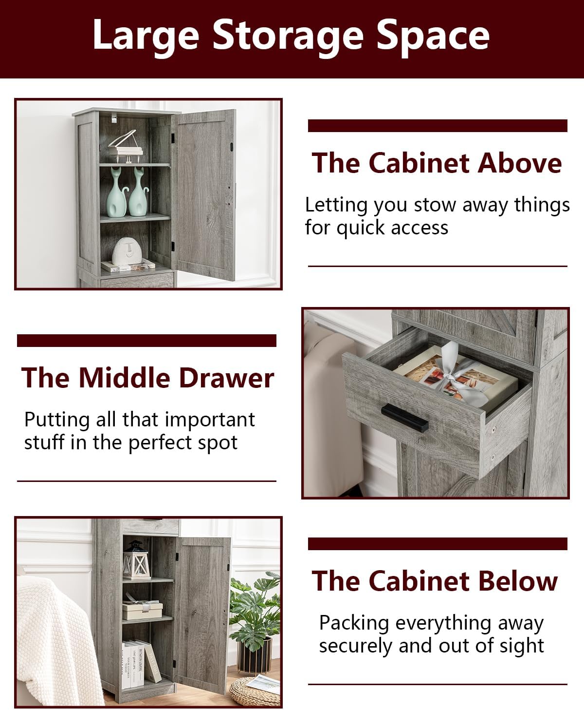 TEENFON Tall Bathroom Cabinet, Storage Cabinet with 6 Shelves & Drawer, Bathroom Storage Cabinet with Adjustable Shelves, Tall Cabinet for Living Room, Home Office, Grey