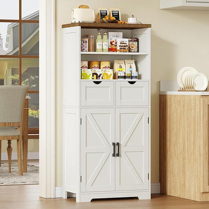 TEENFON Storage Cabinet with Doors & 2 Drawers, Kitchen Cabinet with Adjustable Shelf, Pantry Cabinets, Bathroom Cabinets, for Living Room, Entryway, Home Office, White