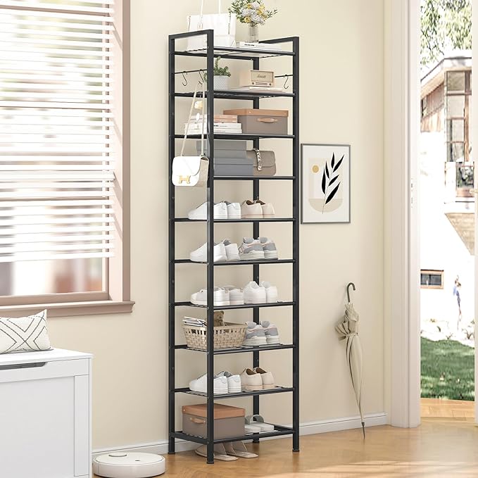 TEENFON 10 Tiers Narrow Shoe Rack 20-30 Pairs, Sturdy Metal Tall Shoe Rack Shelf with 4 Hooks, Slim Shoe Storage with Metal Shelf, Space Saving Vertical Shoe Organizer for Entryway Black
