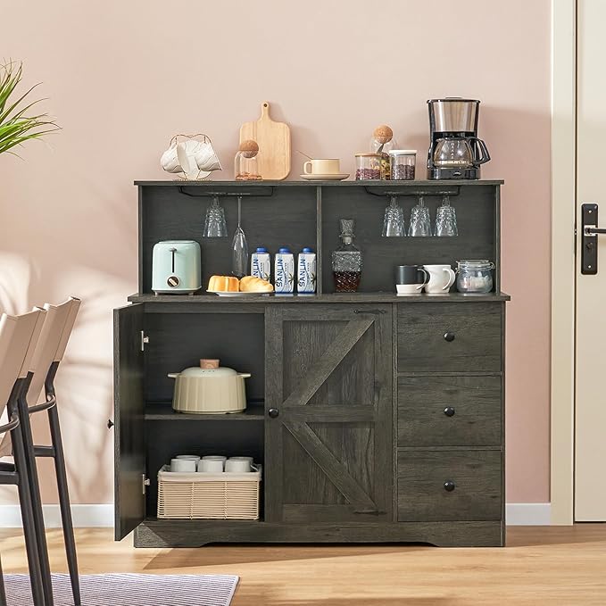 TEENFON Farmhouse Wine Bar Cabinet with Power Outlet, Kitchen Sideboard Buffet Cabinet with Wine & Glass Rack, Coffee Bar Cabinet with 3 Drawers & Adjustable Shelves, Home Liquor Cabinet, Dark Oak