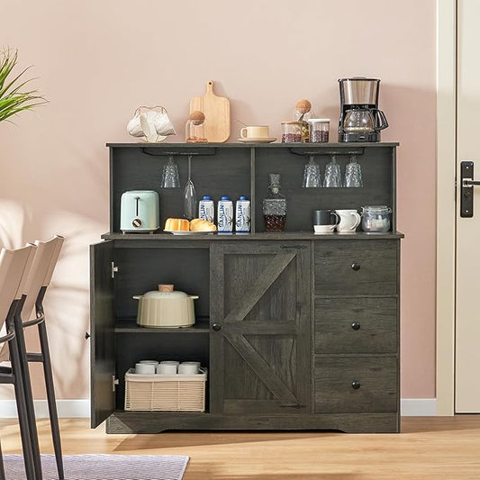 TEENFON Farmhouse Wine Bar Cabinet with Power Outlet, Kitchen Sideboard Buffet Cabinet with Wine & Glass Rack, Coffee Bar Cabinet with 3 Drawers & Adjustable Shelves, Home Liquor Cabinet, Dark Oak