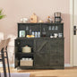 TEENFON Farmhouse Wine Bar Cabinet with Power Outlet, Kitchen Sideboard Buffet Cabinet with Wine & Glass Rack, Coffee Bar Cabinet with 3 Drawers & Adjustable Shelves, Home Liquor Cabinet, Dark Oak