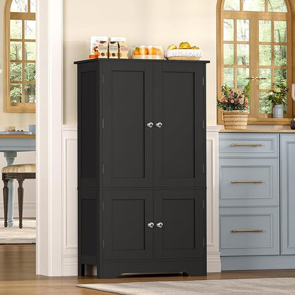 TEENFON Storage Cabinet with 4 Doors, Kitchen Cabinet with 6 Door Shelves, Kitchen Pantry for Living Room, Dining Room, Bathroom, Black