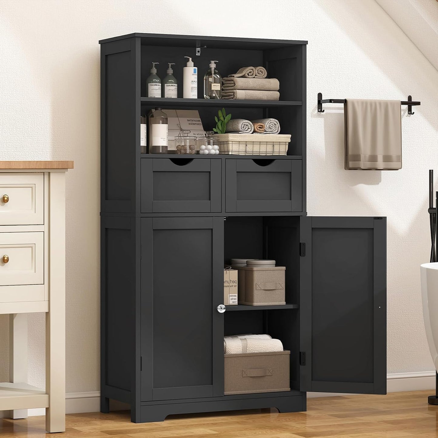 TEENFON Tall Storage Cabinet, Black Storage Cabinet with 2 Drawers & Adjustable Shelves, Bathroom Cabinet for Living Room, Dining Room, Entryway, Black