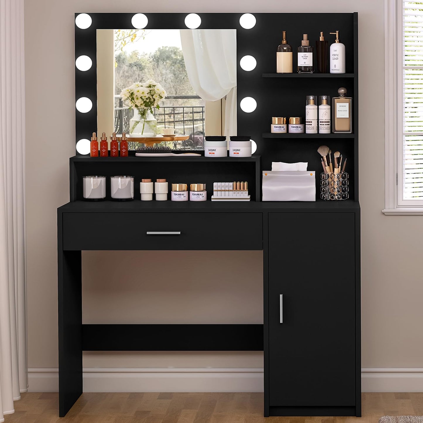 TEENFON Vanity Desk with 10 Lights & Mirror, 3 Storage Shelf, Big Drawer, Cabinet with Shelves, 3 Lighting Modes & Adjustable Brightness Dressing Table, Small Makeup Vanity, 35.5” Desk,White