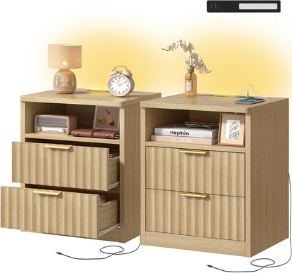 TEENFON Fluted Night Stand, Nighstand with Charging Station and LED Light, Modern Bed Side Table for Small Space, Storage Drawer and Open Shelf, for Bedroom, Natural
