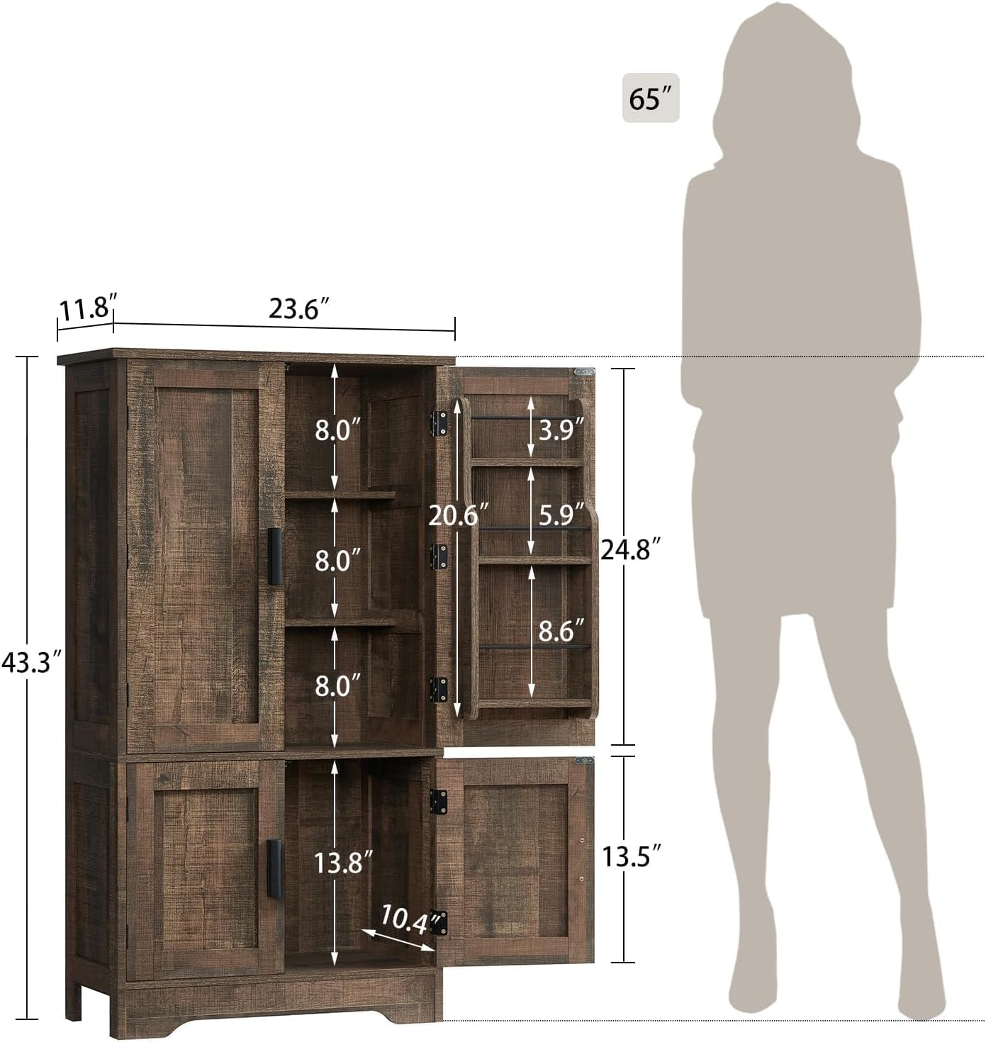 TEENFON Storage Cabinet with 4 Doors, 43.3" H Farmhouse Kitchen Cabinet with 6 Door Shelves, Kitchen Storage Cabinets with Adjustable Shelves, for Living Room, Antique Oak