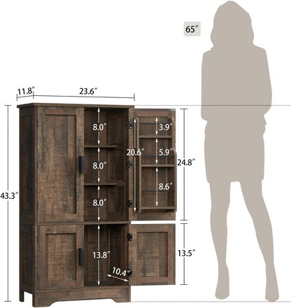 TEENFON Storage Cabinet with 4 Doors, 43.3" H Farmhouse Kitchen Cabinet with 6 Door Shelves, Kitchen Storage Cabinets with Adjustable Shelves, for Living Room, Antique Oak