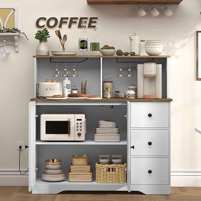 TEENFON Farmhouse Coffee Bar Cabinet with Power Outlet, Sideboard Buffet Cabinet with Wine and Glass Rack & Adjustable Shelves, Wine Cabinet, Home Liquor Bar for Kitchen, White