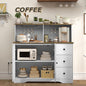 TEENFON Farmhouse Coffee Bar Cabinet with Power Outlet, Sideboard Buffet Cabinet with Wine and Glass Rack & Adjustable Shelves, Wine Cabinet, Home Liquor Bar for Kitchen, White