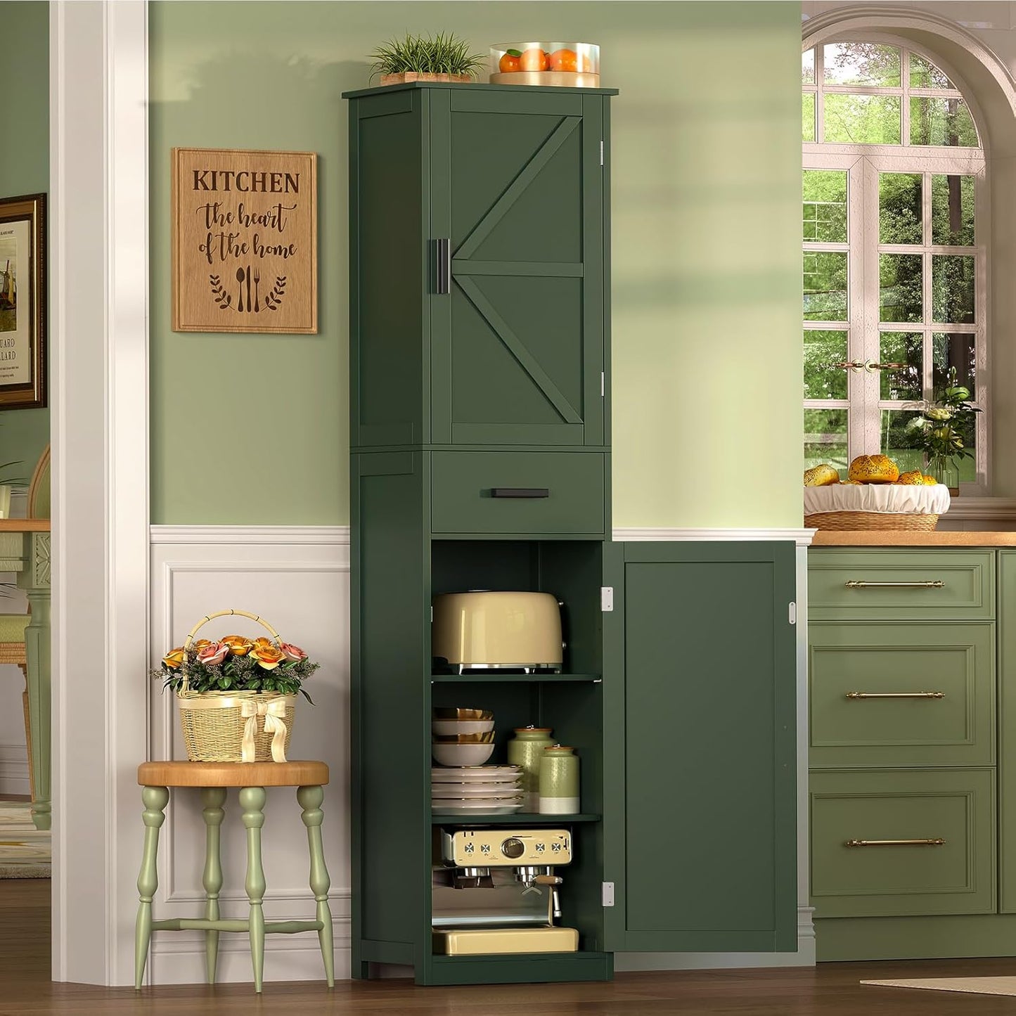 TEENFON Tall Bathroom Cabinet, Storage Cabinet with 6 Shelves & Drawer, Bathroom Storage Cabinet with Adjustable Shelves, Tall Cabinet for Living Room, Home Office, Forset Green