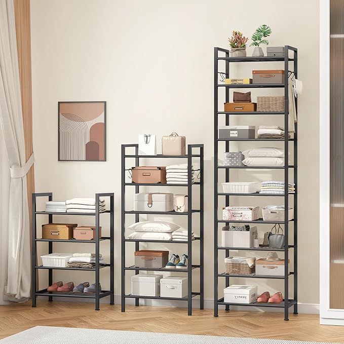 TEENFON 10 Tiers Narrow Shoe Rack 20-30 Pairs, Sturdy Metal Tall Shoe Rack Shelf with 4 Hooks, Slim Shoe Storage with Metal Shelf, Space Saving Vertical Shoe Organizer for Entryway Black