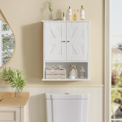 TEENFON Bathroom Wall Cabinet, Over The Toilet Space Saver Storage with Barn Doors & Adjustable Shelf, Hanging Medicine Cabinet, White 7.1" D x 15.4" W x 19.3" H
