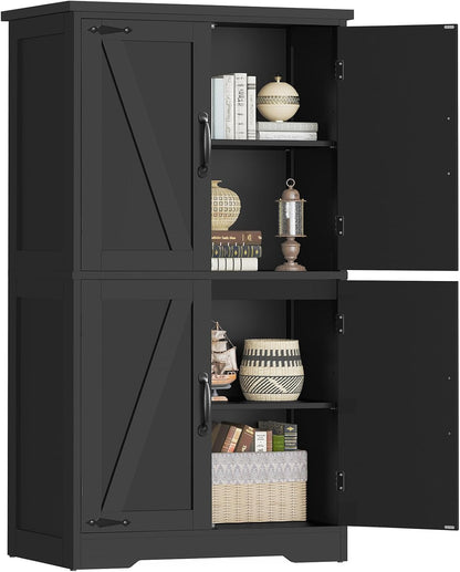 TEENFON Farmhouse Storage Cabinet with 2 Adjustable Shelves, Kitchen Cabinet with 4 Doors, Cupboard for Kitchen, Living Room, Black