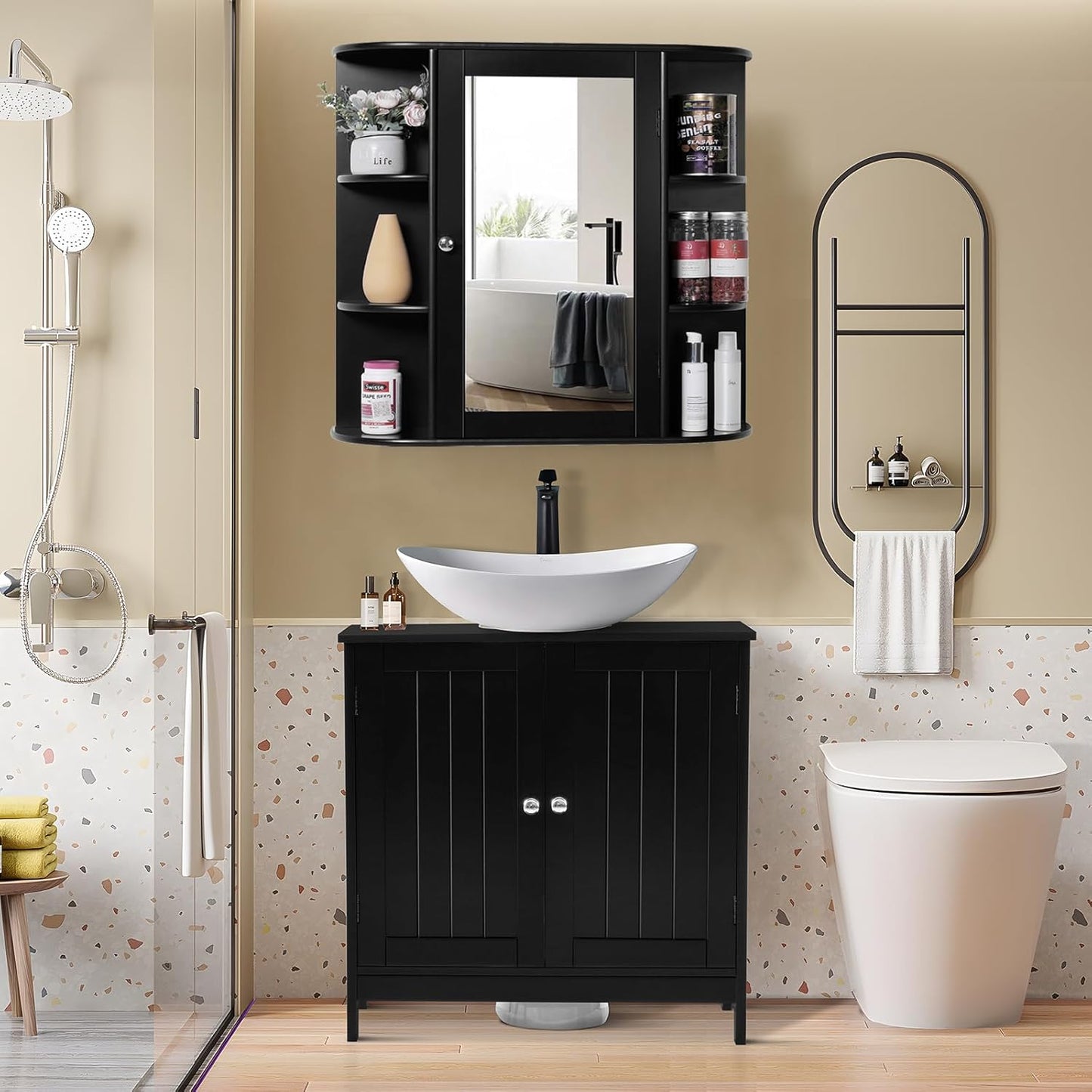 TEENFON Bathroom Medicine Cabinet with Mirror, Wall Cabinet with 2 Adjustable Shelves & 6 Open Shelves, Bathroom Cabinet Wall Mounted, Over The Toilet Space Saver Storage Cabinet, Black