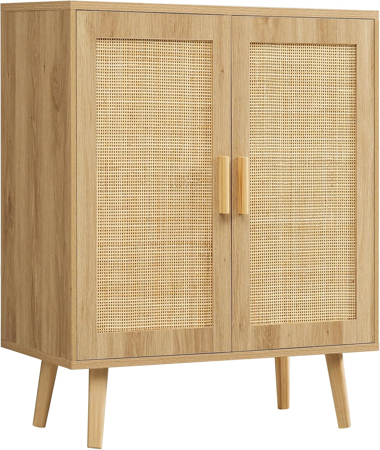 TEENFON Storage Cabinet with 2 Shelves, Rattan Cabinet with 2 Doors, Sideboard Buffet Cabinets with Storage for Living Room, Dining Room, Entryway, Natural