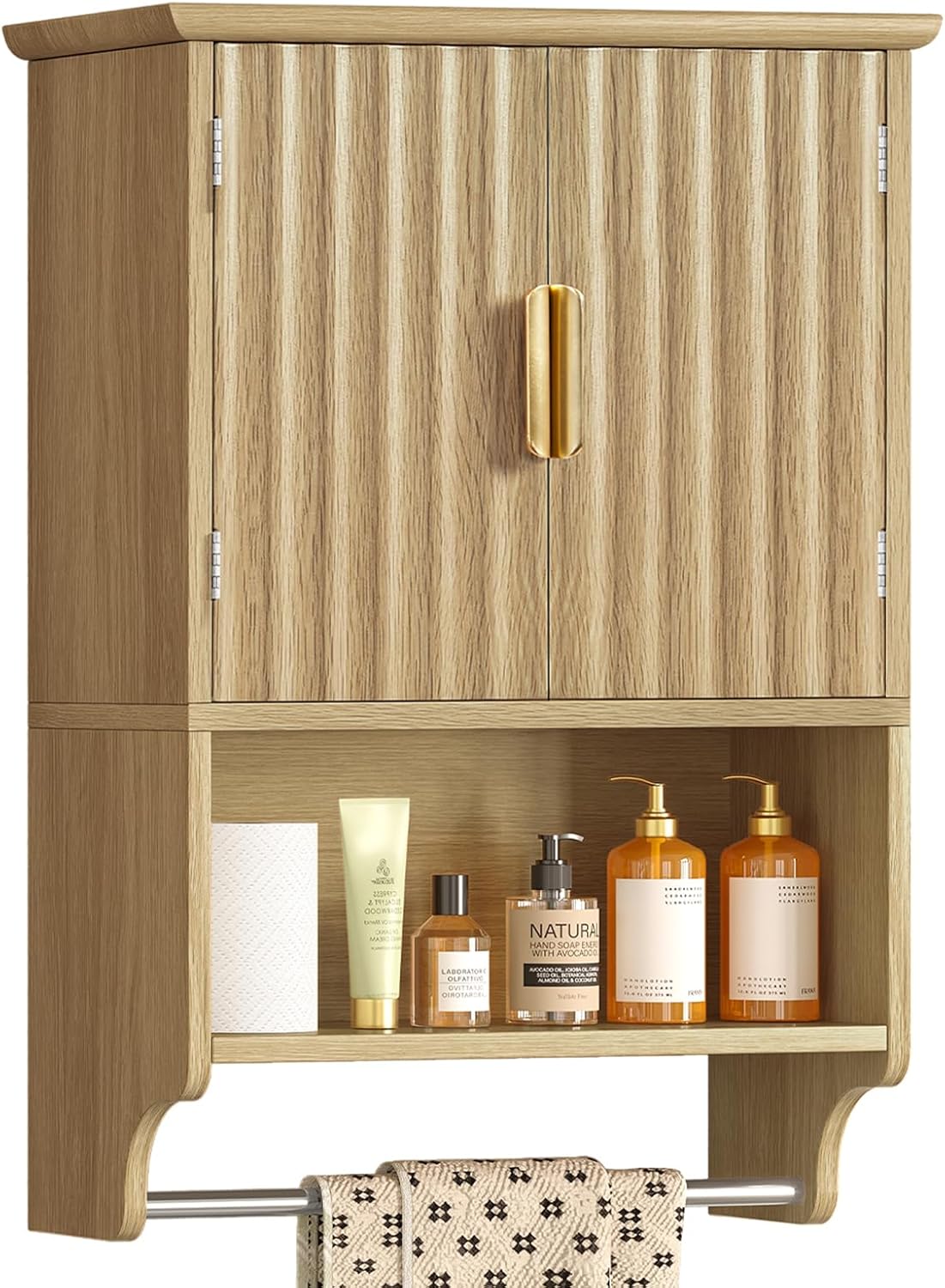 TEENFON Fluted Bathroom Wall Cabinet with Adjustable Shelves and Towel Rack, Wall Mounted Over The Toilet Storage Organizer for Bathroom, Living Room, Natural