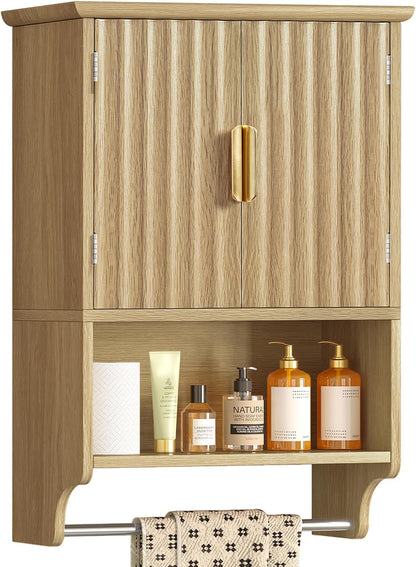 TEENFON Fluted Bathroom Wall Cabinet with Adjustable Shelves and Towel Rack, Wall Mounted Over The Toilet Storage Organizer for Bathroom, Living Room, Natural