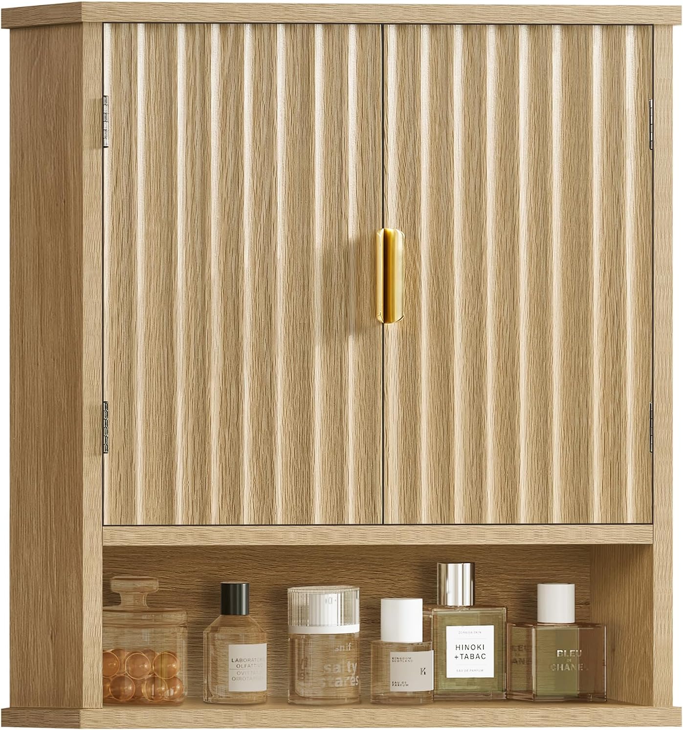 TEENFON Bathroom Wall Storage Cabinet with Adjustable Shelf & 2 Fluted Doors, Medicine Cabinet, Over Toilet Storage Cabinet for Laundry Room, Kitchen, Living Room, Natural