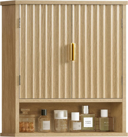 TEENFON Bathroom Wall Storage Cabinet with Adjustable Shelf & 2 Fluted Doors, Medicine Cabinet, Over Toilet Storage Cabinet for Laundry Room, Kitchen, Living Room, Natural