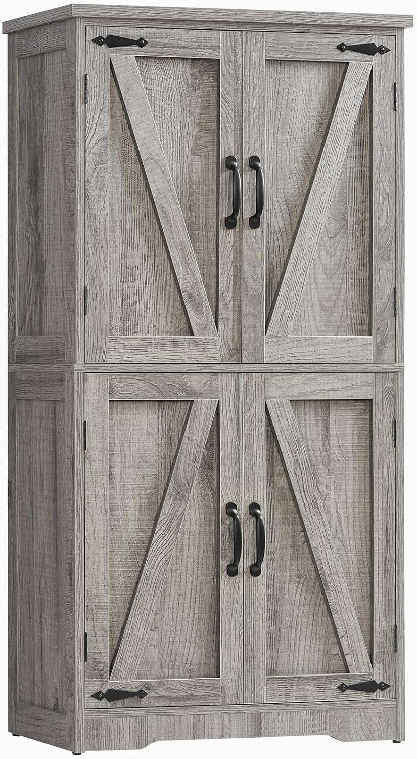 TEENFON Farmhouse Storage Cabinet with 2 Adjustable Shelves, Bathroom Cabinet with 4 Doors, Cupboard for Kitchen, Living Room, Rustic Gray