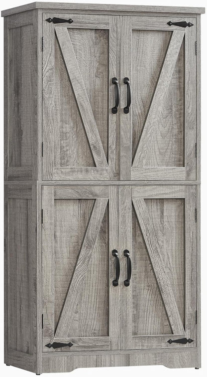TEENFON Farmhouse Storage Cabinet with 2 Adjustable Shelves, Bathroom Cabinet with 4 Doors, Cupboard for Kitchen, Living Room, Rustic Gray