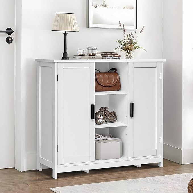 TEENFON Storage Cabinet with 2 Doors and 4 Storage Shelves, Credenza Buffet Cabinet, Bathroom Cabinet for Living Room, Entryway, Home Office, White