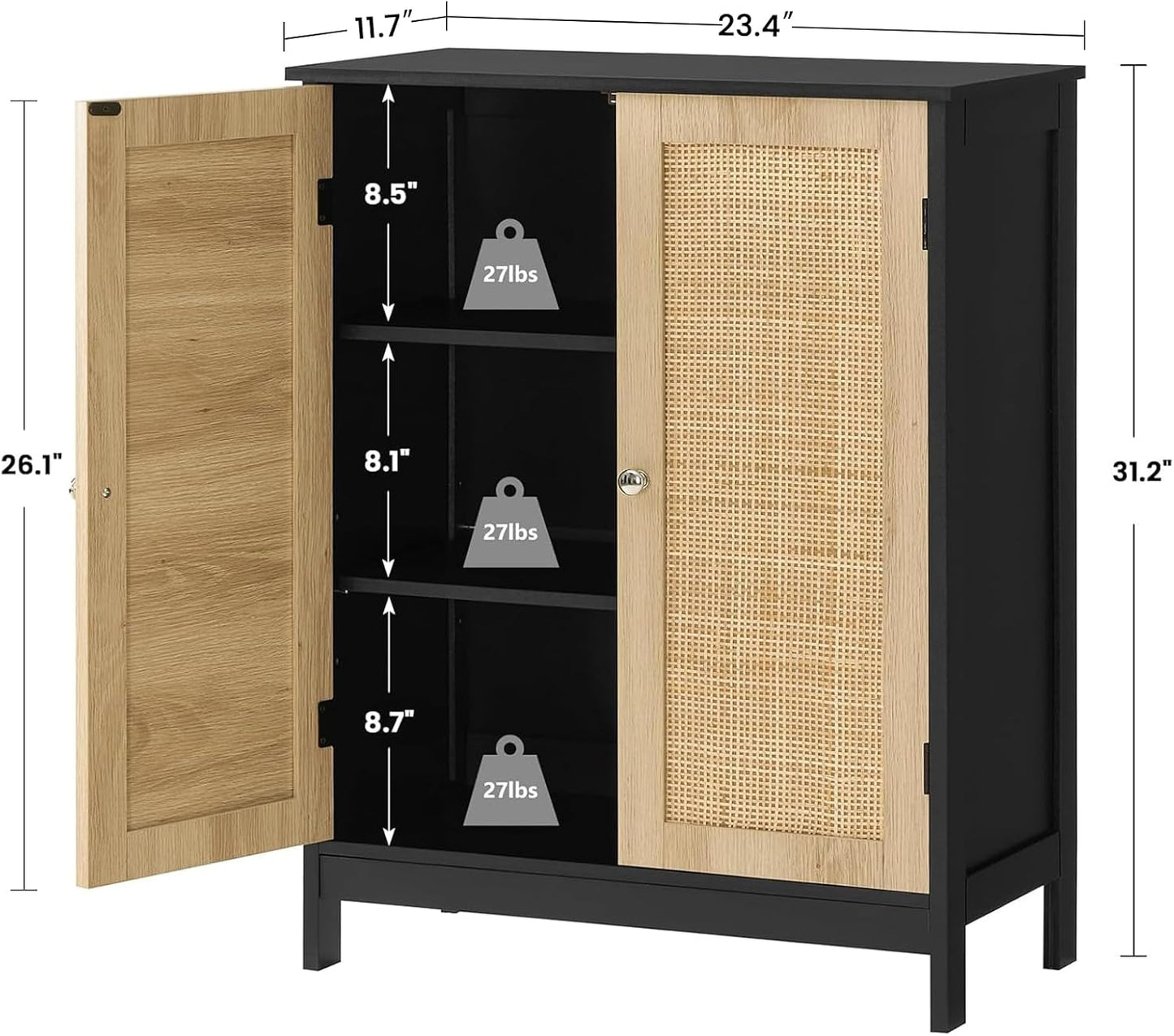 TEENFON Storage Cabinet with Rattan Doors, Bathroom Storage Cabinet with Adjustable Shelf, Floor Cabinet for Living Room, Entryway, Kitchen, Home Office, Black