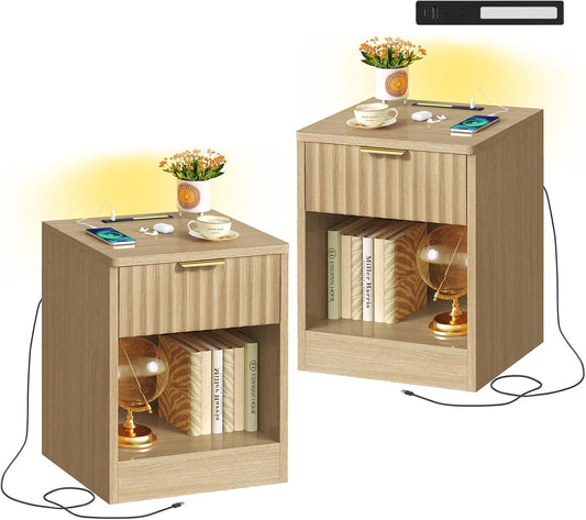 TEENFON Fluted Nightstands Set of 2, Bed Side Table with Charging Station and LED Light, Night Stand with Storage Drawer and Open Shelf, End Table for Small Space, Bedroom, Natural
