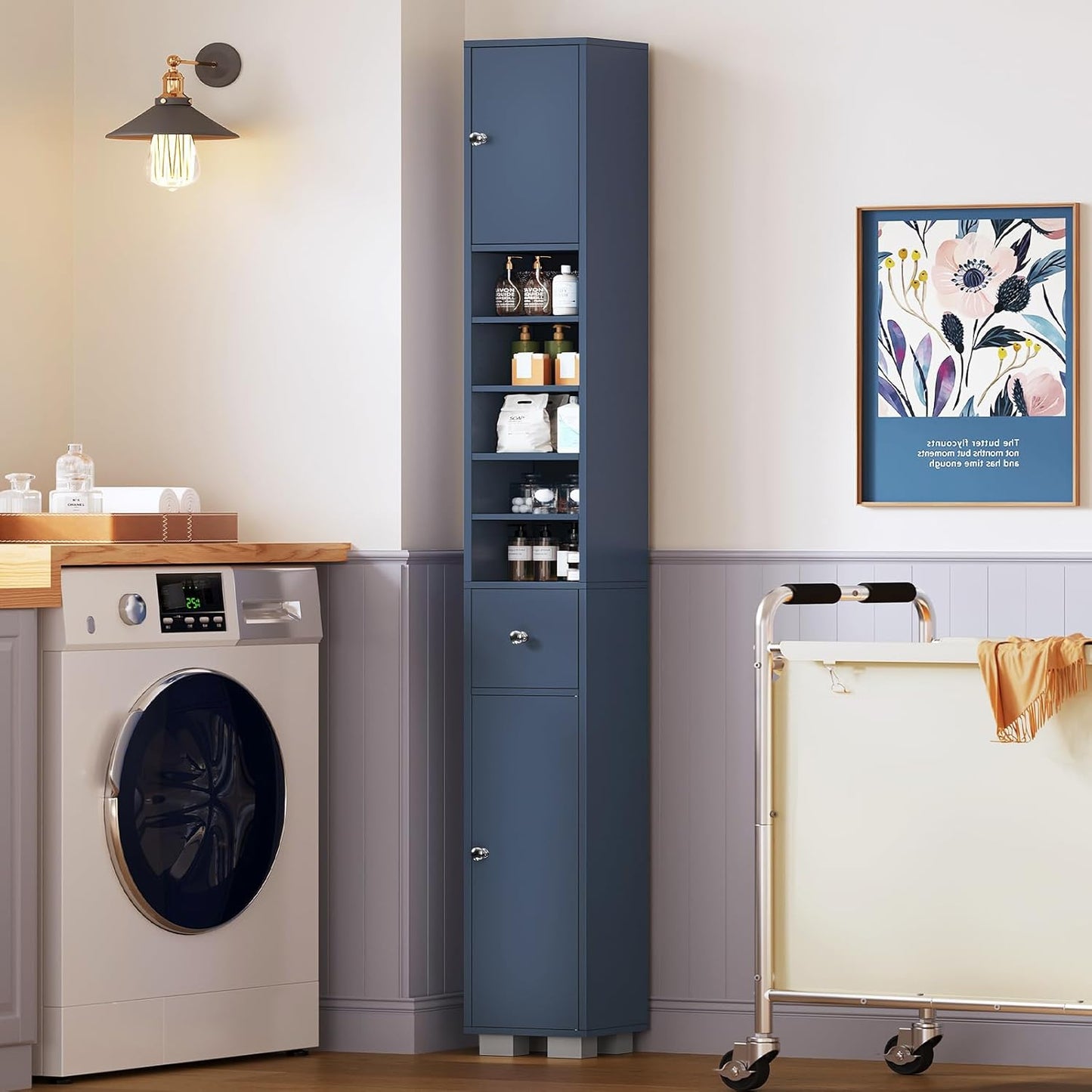 TEENFON Bathroom Cabinet, Narrow Bathroom Storage Cabinet with 5 Adjustable Shelves & Drawer, Freestanding Cupboard for Small Spaces, Blue