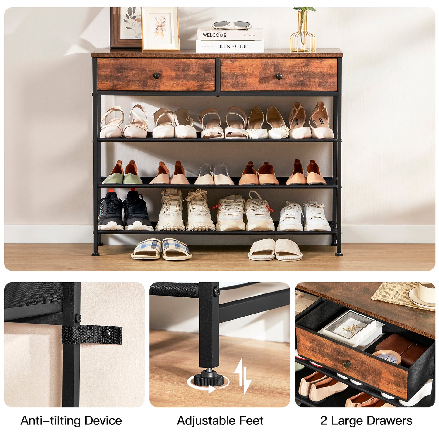 usikey Shoe Rack, 5 Tier Shoe Storage Organizer with 2 Drawers, Metal Shoe Shelf for 16-20 Pairs of Shoes, with 4 Oxford Fabric Shelves and Wooden Top, Shoe Stand for Closet Entryway, Rustic Brown