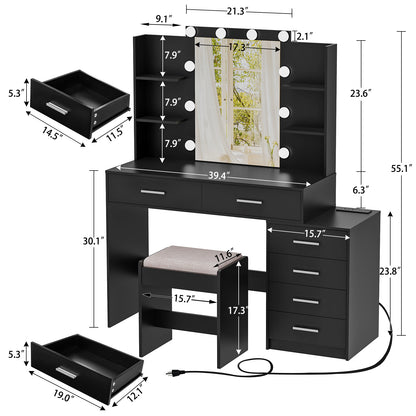 TEENFON 48" Large Vanity Desk with Mirror and Lights, Makeup Vanity with 6 Drawers, Power Outlet, Vanity Makeup Mirror Desk Table Set with 4 Storage Shelves & Stool, Best Gift for Women Girls,Black