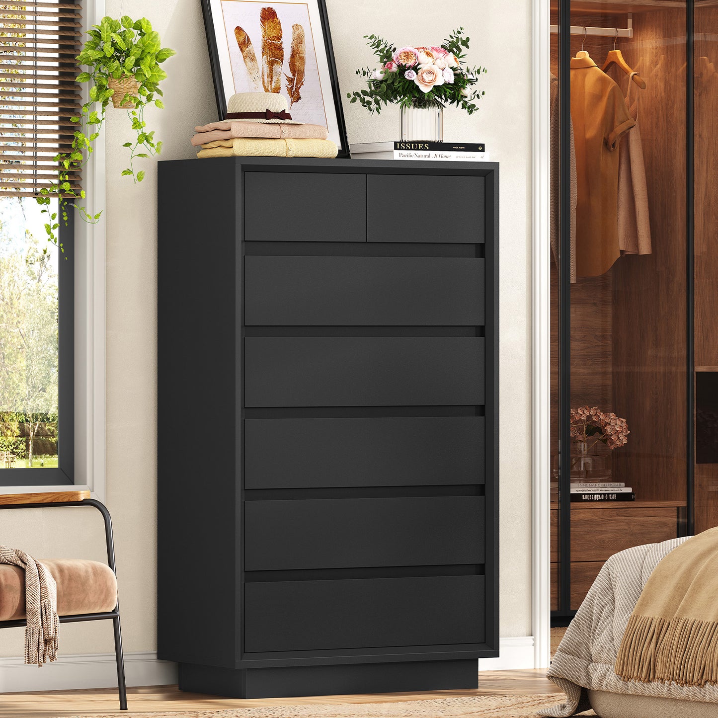 TEENFON 51.6" Tall Dresser for Bedroom with 7 Drawers, Black Dresser with Metal Slide, Bedroom Dressers, Wood Dressers & Chests of Drawers for Bedroom, Hallway, Black
