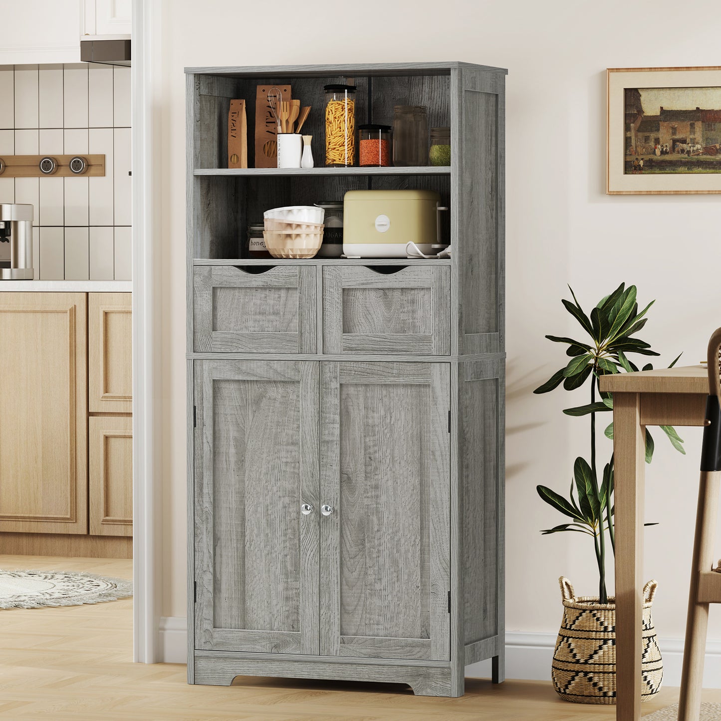 TEENFON Tall Storage Cabinet with Adjustable Shelves & Doors, Bathroom Cabinet, Cupboard for Living Room, Dining Room, Entryway, Grey